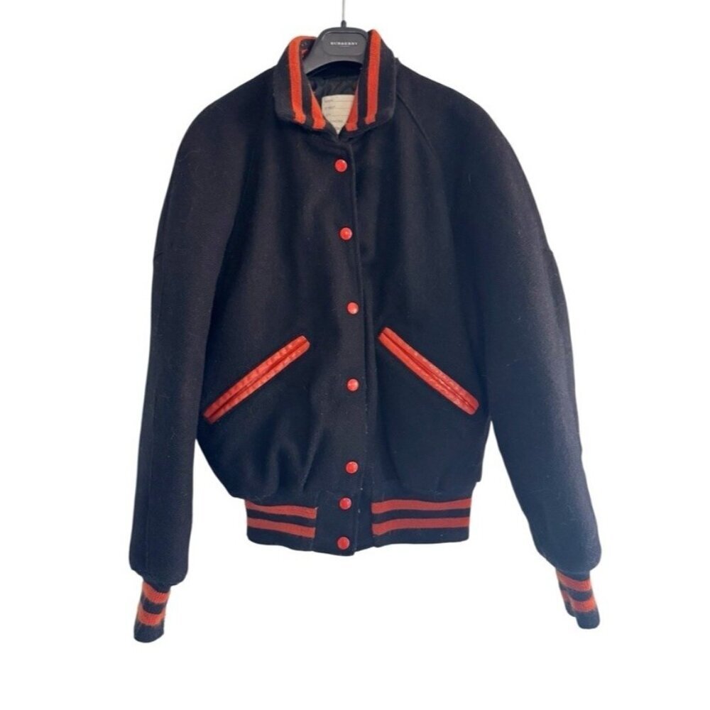 Vintage 90s DeLong Woman's Sz 36 (S) Varsity Bomber Jacket Black Orange Wool USA